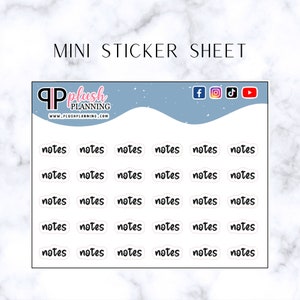 May include: A sheet of 30 white mini stickers with the word "notes" written in black on each sticker. The stickers are arranged in six rows of five stickers each. The sheet is on a blue background with a white border. The top of the sheet has the words "MINI STICKER SHEET" in black text. The bottom of the sheet has the words "PLANNING" in black text and a website address in black text.