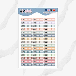 May include: A sheet of colorful planner stickers with the text "WORK" and a blank space for writing. The stickers are in various pastel colors, including pink, blue, green, and brown.