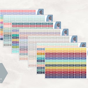 May include: A set of 10 colorful weekly planner sticker sheets with days of the week labeled. The stickers are in various colors, including blue, green, yellow, orange, red, and purple. The stickers are designed for use in planners, journals, and other organizational tools.