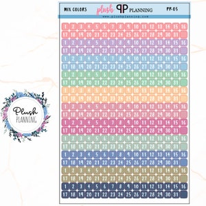 DATE Squares Planner Stickers, Mix Colors, PP Colors, Removable Stickers, Plush Planning