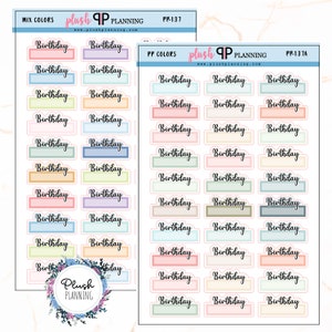 Birthday Script Box Planner Stickers, Font Style B, Mix Colors, PP Colors EC Colors, Flora, Neutrals, Plush Planning