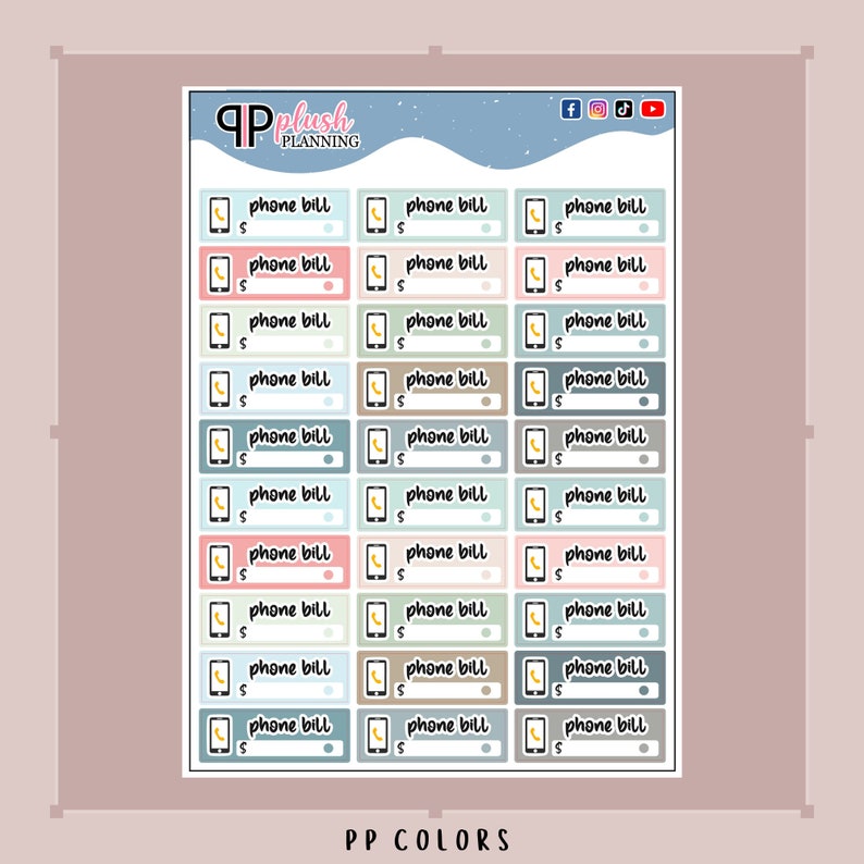 Peut inclure: Une feuille d'autocollants imprimables pour factures de t&eacute;l&eacute;phone avec une vari&eacute;t&eacute; de couleurs pastel et une ic&ocirc;ne de t&eacute;l&eacute;phone. Le texte "PP COLORS" est en bas de la feuille.