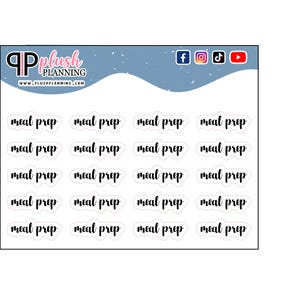 May include: White stickers with the words "meal prep" in a black, handwritten font. The stickers are arranged in rows and columns. The top of the image has the Plush Planning logo and social media icons.