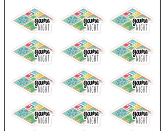 Può includere: Dodici adesivi bianchi con un design di tabellone da gioco colorato e il testo "game night" in nero.