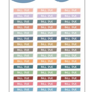 Op de afbeelding: Een vel plannerstickers met de tekst "BILL DUE" in het wit. De stickers zijn rechthoekig en zijn er in verschillende pastelkleuren, waaronder roze, blauw en groen. De bovenkant van het vel heeft het Plush Planning-logo.