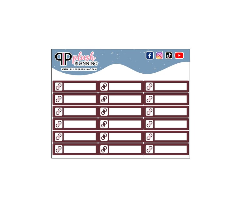 May include: A set of 10 brown rectangular planner stickers with an infinity symbol in the corner. The stickers are blank and can be used for a variety of purposes.