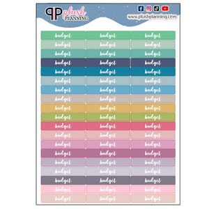 Puede incluir: Una hoja de pegatinas para planificador con la palabra "budget" repetida en texto blanco sobre fondos de colores pastel. Los colores incluyen verde, azul, rosa y morado. La parte superior de la hoja muestra el logotipo de Plush Planning.