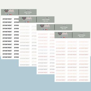 May include: Five sheets of sticker paper with the word "Appointment" printed in various colours and fonts. The sheets are labelled with the names "Black", "Selene", "Gaya", and "Erose".