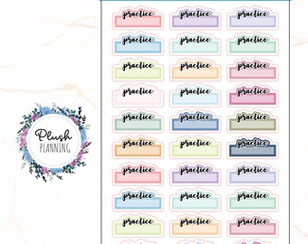 May include: A sheet of 18 colorful planner stickers with the word "practice" written on each sticker. The stickers are in various pastel colors, including pink, blue, green, yellow, and purple. The stickers are designed for use in a planner or journal.