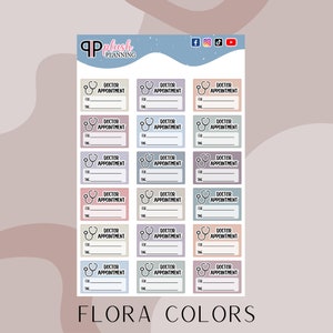 Op de afbeelding: Een bedrukbaar vel met stickers voor doktersafspraken met een bloemenmotief. De stickers zijn in verschillende pastelkleuren en hebben een stethoscoopicoon. De tekst "DOCTOR APPOINTMENT" staat op elke sticker, met ruimte om de datum, tijd en reden voor de afspraak te noteren.