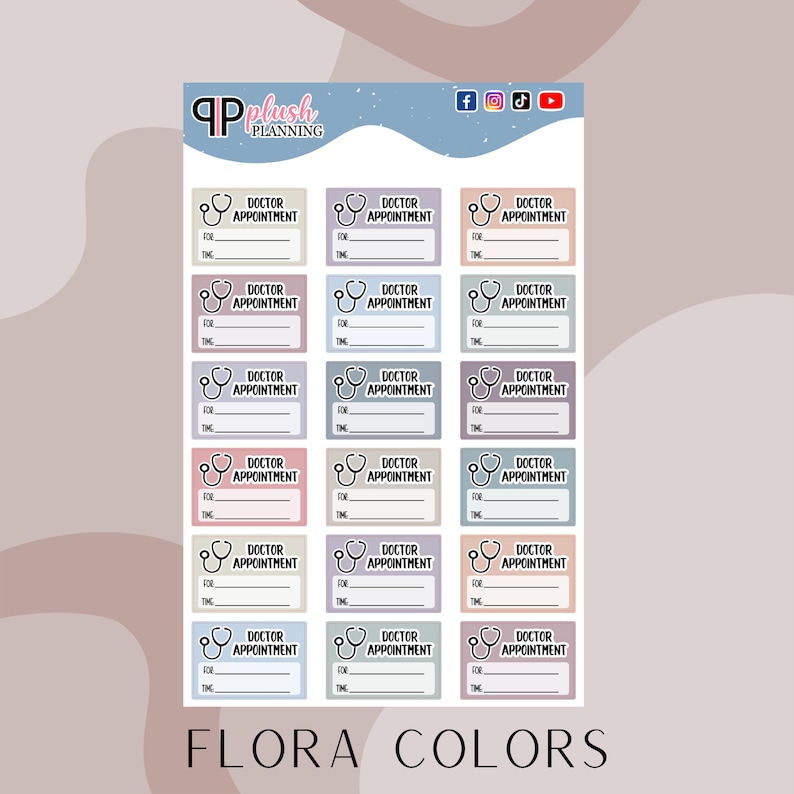 Op de afbeelding: Een bedrukbaar vel met stickers voor doktersafspraken met een bloemenmotief. De stickers zijn in verschillende pastelkleuren en hebben een stethoscoopicoon. De tekst "DOCTOR APPOINTMENT" staat op elke sticker, met ruimte om de datum, tijd en reden voor de afspraak te noteren.