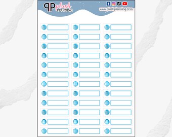 May include: A sheet of printable planner stickers featuring a blue and white AT&T logo with blank white rectangular spaces for writing.
