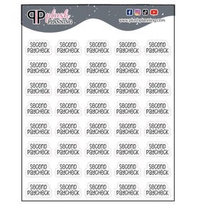 Puede incluir: Una hoja de 25 pegatinas redondas blancas con el texto "Second Paycheck" impreso en negro en cada pegatina.