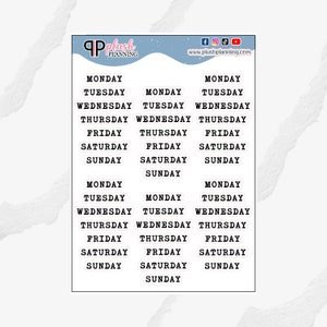 Days of the Week Script Planner Stickers, Modern Typewriter Font, Black Color, Plush Planning
