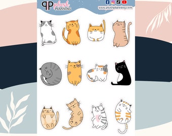 May include: A sticker sheet with cartoon cat illustrations in various poses and colours, including grey, orange, black, and calico. The stickers have a white border and are arranged on a white background. The top of the sheet has the text "plush planning" and social media icons.