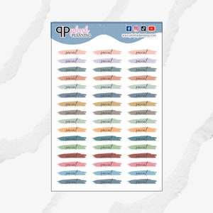 May include: A sheet of colorful planner stickers with the word "social" written on each sticker. The stickers are in various shades of blue, green, brown, orange, pink, and red.