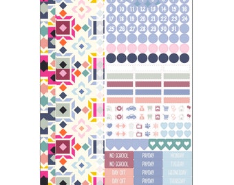 May include: A set of colourful planner stickers with a geometric pattern. The stickers include numbers for a calendar, days of the week, and various activities like "payday", "no school", "sick day", and "meeting".