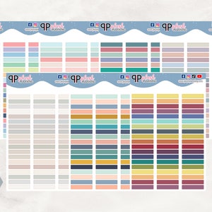 Pode incluir: Uma folha de adesivos de planejador coloridos com uma variedade de cores e padrões. Os adesivos são organizados em linhas e colunas, e todos são de forma retangular. Os adesivos são etiquetados com o texto "Mix PP EC Flora Neutral Film Movies Maksulii".