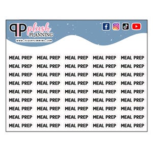 May include: A sheet of white stickers with the text "MEAL PREP" repeated 40 times in black text. The stickers are arranged in 5 rows of 8 stickers each. The stickers are on a blue background with white snowflakes.