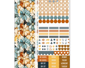 Op de afbeelding: Een set kleurrijke planner stickers met een bloemenpatroon. De stickers bevatten nummers, dagen van de week en verschillende zinnen zoals "betaaldag", "ziekte dag" en "vergadering".