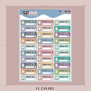 Peut inclure: Une feuille d'autocollants de facture de t&eacute;l&eacute;phone avec une vari&eacute;t&eacute; de couleurs et de motifs. Les autocollants pr&eacute;sentent une ic&ocirc;ne de t&eacute;l&eacute;phone et un espace pour &eacute;crire le montant de la facture. Le texte "EC COLORS" est en bas de la feuille.