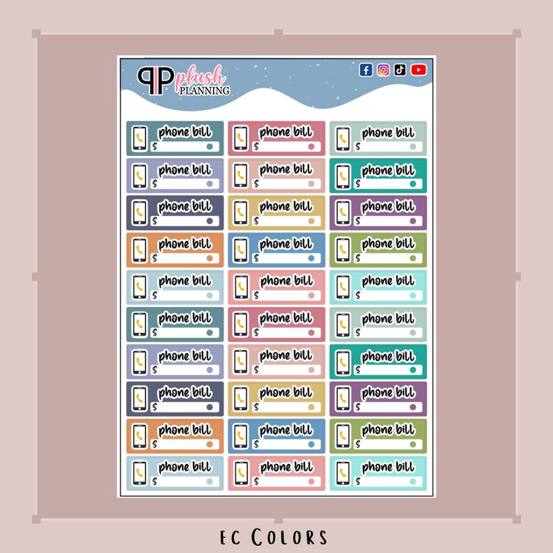 Peut inclure: Une feuille d'autocollants de facture de t&eacute;l&eacute;phone avec une vari&eacute;t&eacute; de couleurs et de motifs. Les autocollants pr&eacute;sentent une ic&ocirc;ne de t&eacute;l&eacute;phone et un espace pour &eacute;crire le montant de la facture. Le texte "EC COLORS" est en bas de la feuille.