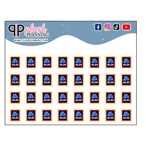 May include: Sheet of stickers featuring the Aldi logo in a blue, white, and orange color scheme. The stickers are arranged in rows and columns on a white background. The top of the sheet has the text "Plush Planning" and social media icons.