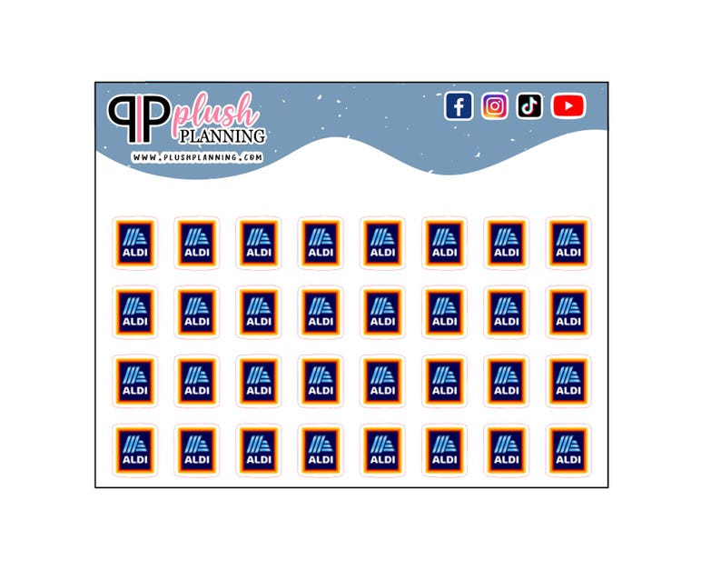 May include: Sheet of stickers featuring the Aldi logo in a blue, white, and orange color scheme. The stickers are arranged in rows and columns on a white background. The top of the sheet has the text "Plush Planning" and social media icons.