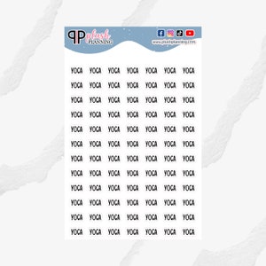 May include: A sheet of white stickers with the word "YOGA" repeated in black text.