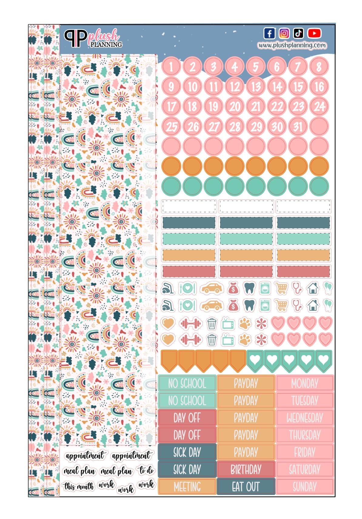 Retro Rainbows and Sun Design Planner Stickers, Laurel Denise Monthly