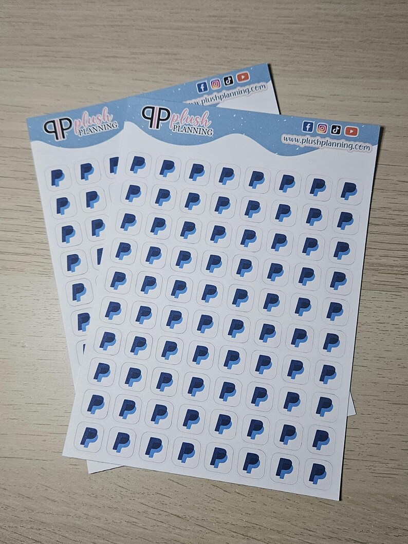 May include: Two sheets of white sticker paper with a blue and white PayPal logo repeated on each sheet. The sheets are labeled "Plush Planning" with a website address and social media icons.