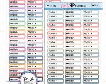 May include: A set of 30 colorful rectangular stickers with the text "PRACTICE" printed on each sticker. The stickers are in a variety of colors, including pink, blue, green, yellow, and orange. The stickers are arranged in three rows of ten stickers each. The stickers are labeled "PP-70" and "PP-70A".