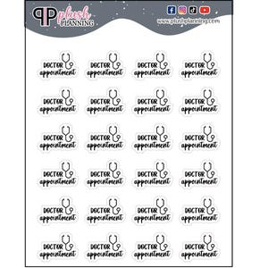May include: A sheet of 20 white stickers with black text and a stethoscope icon. Each sticker says "Doctor Appointment".