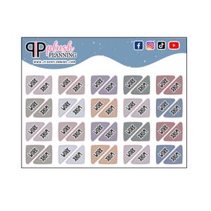 May include: A sheet of 20 planner stickers with a diagonal split design. Each sticker is a square with a light brown, gray, or blue background. The stickers say "WORK" and "30 MIN" in black text.