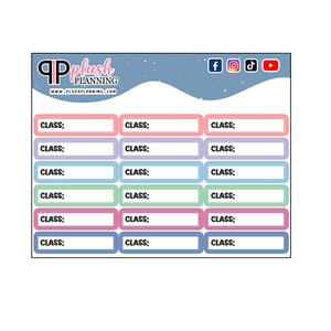 Puede incluir: Una página de planificador imprimible con un esquema de color azul, rosa, morado y verde. La página está dividida en 18 secciones, cada una etiquetada como "CLASS:".