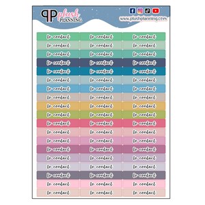 Pode incluir: Uma folha de autocolantes para planeador com o texto "to contact" numa variedade de cores, incluindo verde, azul, rosa e roxo. Os autocolantes retangulares estão dispostos em filas e colunas. A parte superior da folha apresenta o logótipo Plush Planning e ícones de redes sociais.
