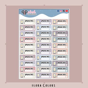 Peut inclure: Une feuille d'autocollants imprimables pour factures de t&eacute;l&eacute;phone avec une vari&eacute;t&eacute; de couleurs pastel. Les autocollants pr&eacute;sentent une ic&ocirc;ne de t&eacute;l&eacute;phone et un espace pour &eacute;crire le montant de la facture. Le texte "FLORA COLORS" est en bas de la feuille.