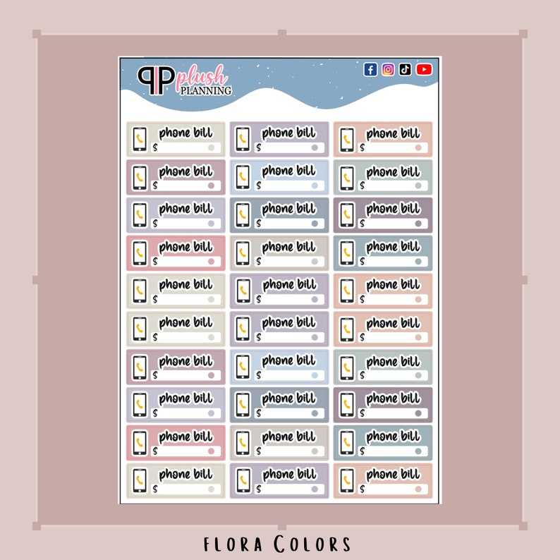 Peut inclure: Une feuille d'autocollants imprimables pour factures de t&eacute;l&eacute;phone avec une vari&eacute;t&eacute; de couleurs pastel. Les autocollants pr&eacute;sentent une ic&ocirc;ne de t&eacute;l&eacute;phone et un espace pour &eacute;crire le montant de la facture. Le texte "FLORA COLORS" est en bas de la feuille.