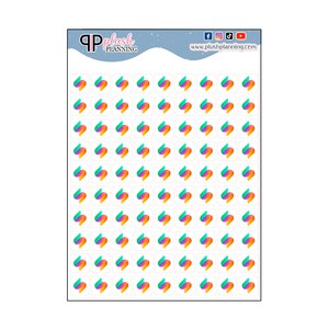 Puede incluir: Una hoja de 100 pegatinas de colores con el logotipo de la empresa "QP Plush Planning". El logotipo es un diseño estilizado y abstracto con un degradado de naranja, rosa, verde y azul.