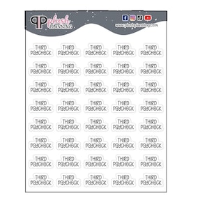 Puede incluir: Una hoja de 25 pegatinas redondas blancas con el texto "THIRD PAYCHECK" repetido en cada pegatina.