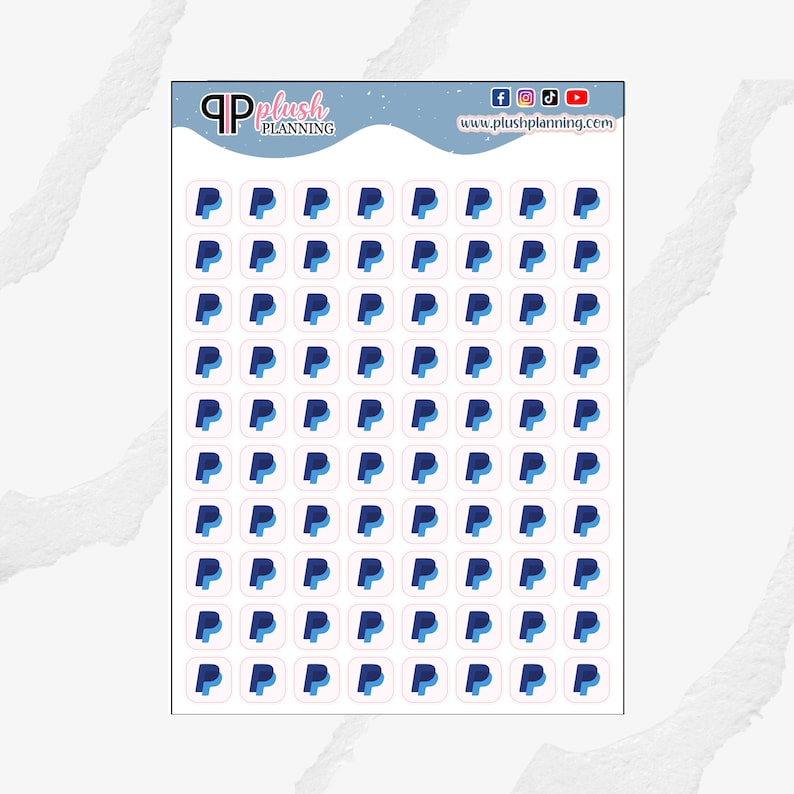 May include: A sheet of 64 stickers featuring the PayPal logo in blue and white. The stickers are arranged in an 8x8 grid on a white background.
