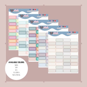 Peut inclure: Cinq feuilles d'autocollants rectangulaires pour planificateur avec différents schémas de couleurs. Les autocollants sont vierges et peuvent être utilisés pour l'étiquetage, l'organisation ou la décoration. Les schémas de couleurs sont : mix, pp, ec, flora et neutre.