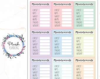 Puede incluir: Nueve rastreadores de medidas imprimibles con fondos en tonos pastel rosa, azul y amarillo. Cada rastreador tiene el título "Medidas" y enumera las siguientes medidas corporales: Pecho, Caderas, Cintura, Brazos, Muslos y Peso.