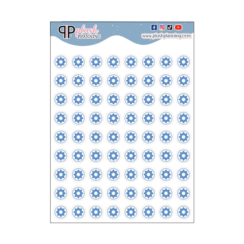 May include: A sheet of 63 blue and white circle stickers with a starburst design. The stickers are perfect for planners, journals, and other craft projects.