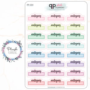 Puede incluir: Una hoja de 18 pegatinas coloridas con la palabra "autopay" escrita en cada pegatina. Las pegatinas son de varios colores pastel, incluyendo rosa, verde, azul y morado.