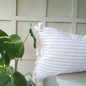 Handmade Organic Cotton Pillow Beige and Cream With Tassels | Striped Lumbar Cushion Cover | Modern Farmhouse Lumbar Cover With Tassels