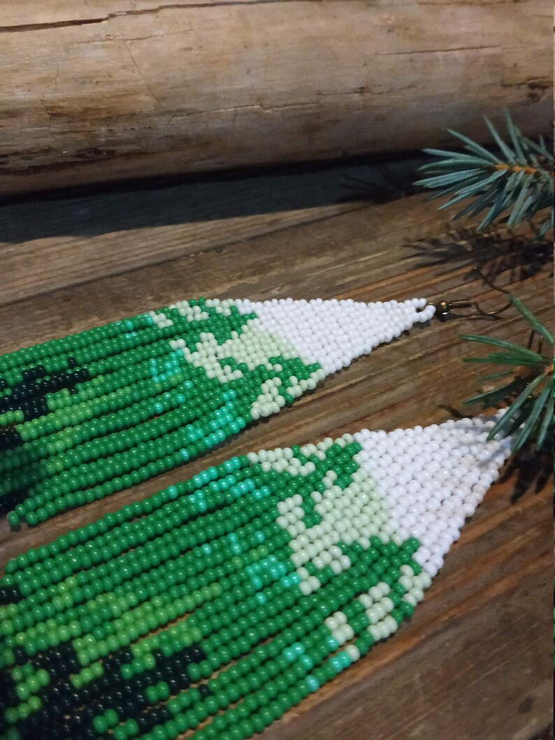 Forest Beaded Earrings Long Fringe Boho Earrings Mountains Beaded Earrings Nature Earrings Christmas Gift Handwoven Native Beaded Earrings