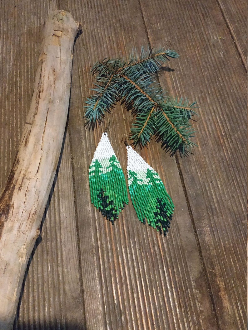 Forest Beaded Earrings Long Fringe Boho Earrings Mountains Beaded Earrings Nature Earrings Christmas Gift Handwoven Native Beaded Earrings