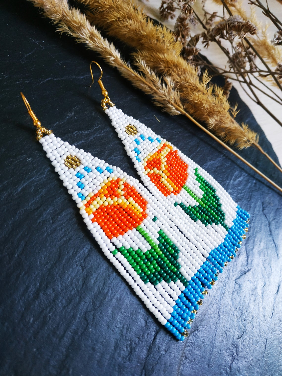 Tulip Print Seed Bead Earrings Handmade Bead Fringe Earrings Etsy