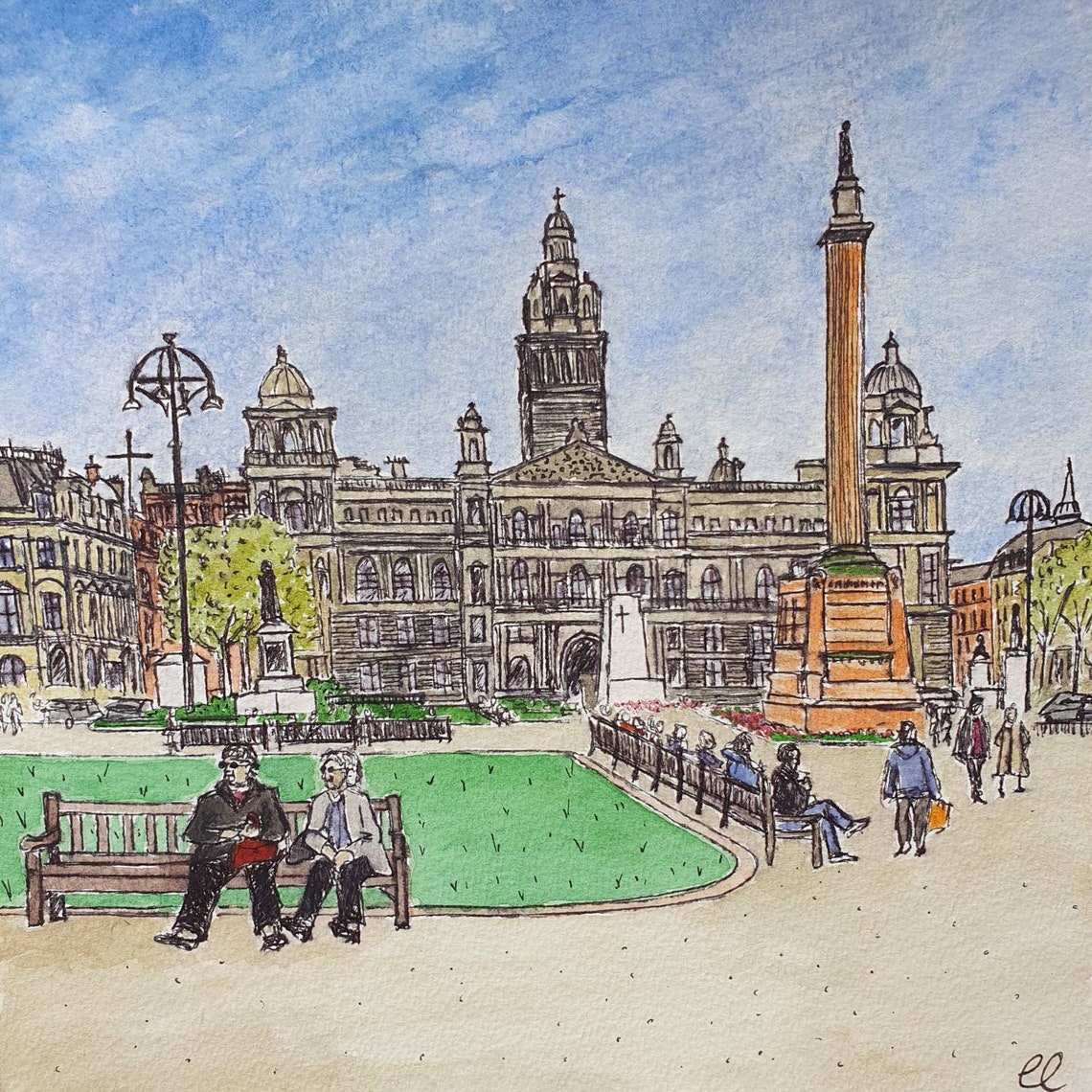 Glasgow Square Giclee Art Print / Watercolour & Ink / Scottish Gift / Christmas Gift Etsy